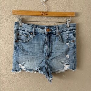 American Eagle Curvy Hi-Rise Shortie Denim Shorts Floral Pocket Detail Size 4